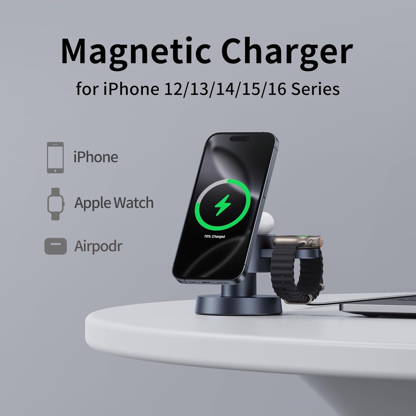 Nooit meer losse kabels: 4-in-1 MagSafe Snellader met Nachtlampje voor iPhone, Apple Watch & AirPods